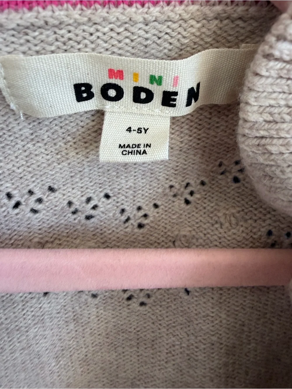 Mini Boden Tan Knit Cardigan with Pink & Red Floral Embroidery | 4-5 Y